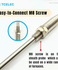 Close-up of TCELEC K-type thermocouple sensor with stainless steel probe, M8 screw, and miniature connector (77–1472°F).