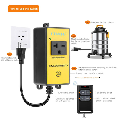 220V Rock Solid Plug And Play Remote Switch With Dead Simple One Touch Control Built In Auto Timer To Shut Down Woodworking Dust Collectors Quick Install Zero Hassle Operation Straight Out The Box next to a vacuum unit and plug.