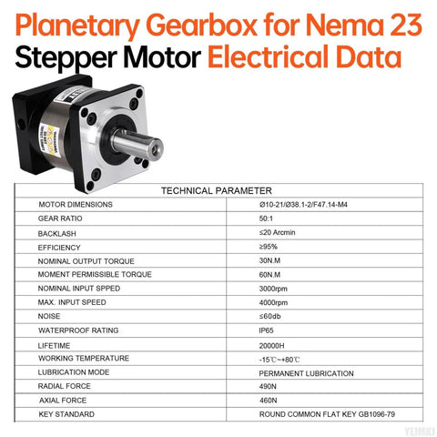 Beefy 50 To 1 Planetary Gearbox For Nema 23 Stepper with low backlash and technical specifications table