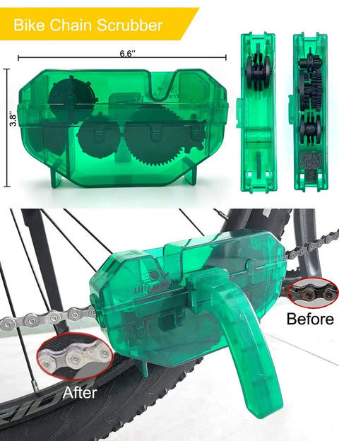 7 Piece Bike Cleaning Kit With Degreaser 10 Oz And Wet Lube 2 Oz, Chain Scrubber showing before and after chain cleaning