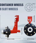 Two Pack Shipping Container Wheels With Eight Lug Configuration And Axle Ratchet Tie Down System For Moving Empty 20 To 40 Foot Marine Containers Marine Container Accessories Each Unit Certified To Support Up To 8800 Pounds, side and front view showing red and black wheel structure.