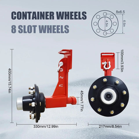 Two Pack Shipping Container Wheels With Eight Lug Configuration And Axle Ratchet Tie Down System For Moving Empty 20 To 40 Foot Marine Containers Marine Container Accessories Each Unit Certified To Support Up To 8800 Pounds, side and front view showing red and black wheel structure.