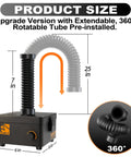 Heavy-Duty Solder Fume Extractor 80W, 168 M3 Per Hour Airflow with 360-degree rotatable tube and size dimensions view.