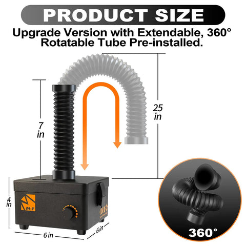 Heavy-Duty Solder Fume Extractor 80W, 168 M3 Per Hour Airflow with 360-degree rotatable tube and size dimensions view.