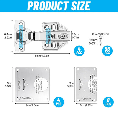 Stainless Steel Cabinet Door Hinges Kit With Soft Close Hinges, 112-Piece DIY Repair Set size and component details
