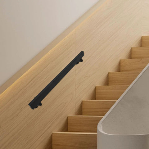 Black Stainless Steel Wall Mount Handrail for Stairs and Hallways mounted on wooden wall with steps visible.