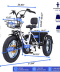 Electric Tricycle For Adults With Fat Tire Folding 20x4 Inch Wheels, 750W 48V E Trike, 20.8Ah Long Range Battery, Built In Speaker And USB Port, 20 MPH Top Speed, 75 KM Range, Three Wheel Cruiser With Multiple Configurations. Dimensions and load limits shown