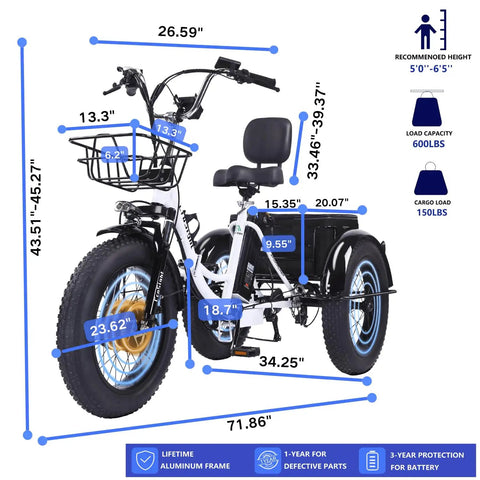 Electric Tricycle For Adults With Fat Tire Folding 20x4 Inch Wheels, 750W 48V E Trike, 20.8Ah Long Range Battery, Built In Speaker And USB Port, 20 MPH Top Speed, 75 KM Range, Three Wheel Cruiser With Multiple Configurations. Dimensions and load limits shown
