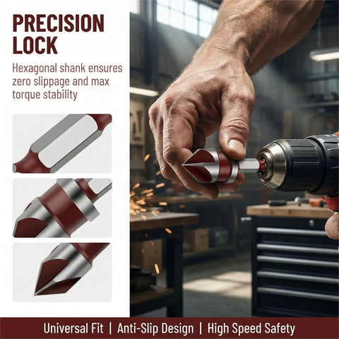 Person using Premium Countersink Drill Bit Set With 82 Degree, Five Flutes, Quick Change Hex Shank for woodworking project
