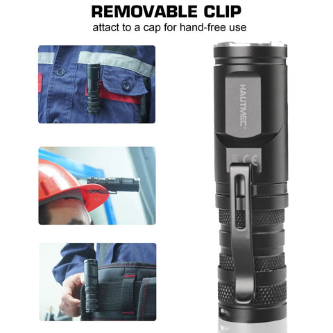Rechargeable 1400 Lumen LED EDC Flashlight With 90 Degree Swivel Head clipped to clothing and hat