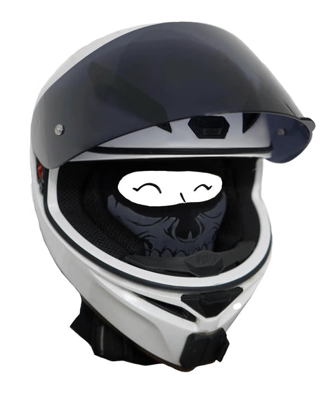 Close-up of helmet with Skull Face Balaclava Dope All Season Gear One Size Fits Most Stretchy Tube Mask for skiing and cycling