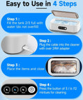 Pro Grade 50KHz Jewelry Cleaner With 3 Modes And Digital Timer usage steps: filling tank, plugging cable, placing items, selecting time.