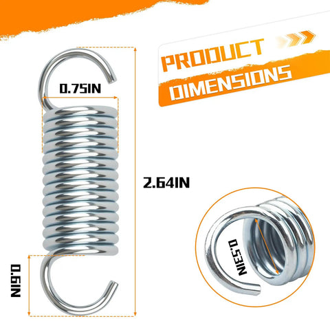 Close-up of a 4-Pack 9617 Extension Springs With Hook Ends, Compact 2.64 In By 0.75 In By 0.6 In Size, showing dimensions