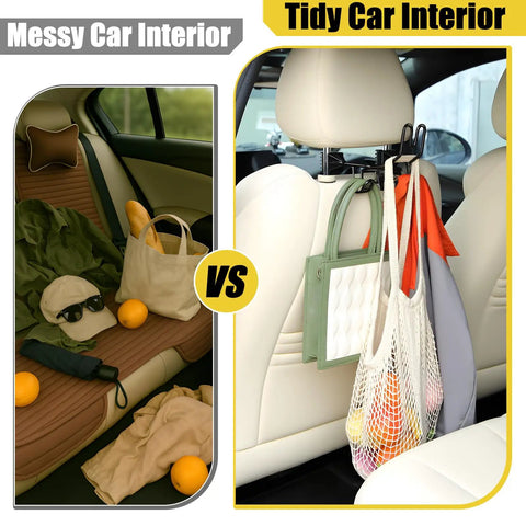 Comparison of car interior with messy seat versus tidy seat using Hard Hat Holder And Gear Organizer For Truck And Car With 3 Sturdy Hooks