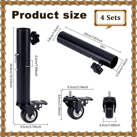 Product size details for Top Tier Heavy Duty Table Leg Extenders With Casters Four Pack Adjustable Height Risers.