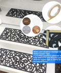 Outdoor Non Slip Rubber Stair Treads Set Of 4 With Stay On Kit Butterfly Design Anti Slip Mats For Steps 30 X 10 Inches Decorative Iron Grill Look Includes Carpet Tape For Easy Install on white stairs with sample materials and tape insets.