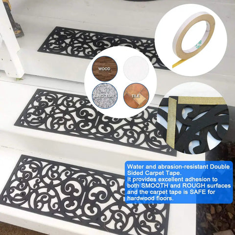 Outdoor Non Slip Rubber Stair Treads Set Of 4 With Stay On Kit Butterfly Design Anti Slip Mats For Steps 30 X 10 Inches Decorative Iron Grill Look Includes Carpet Tape For Easy Install on white stairs with sample materials and tape insets.