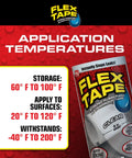 Flex Tape packaging with temperature guidelines for use and storage on a red background