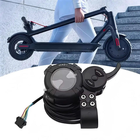 Knuckle Throttle LCD Display Dashboard For 36V-72V Electric Scooters, Clear Backlit Speedometer Odometer Meter shown with scooter