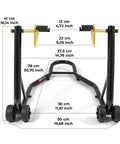 Heavy Duty Motorcycle Stand Lift 850lbs Front And Rear Combo shown with measurements and adjustable components.