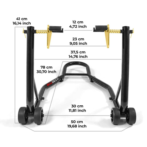 Heavy Duty Motorcycle Stand Lift 850lbs Front And Rear Combo shown with measurements and adjustable components.