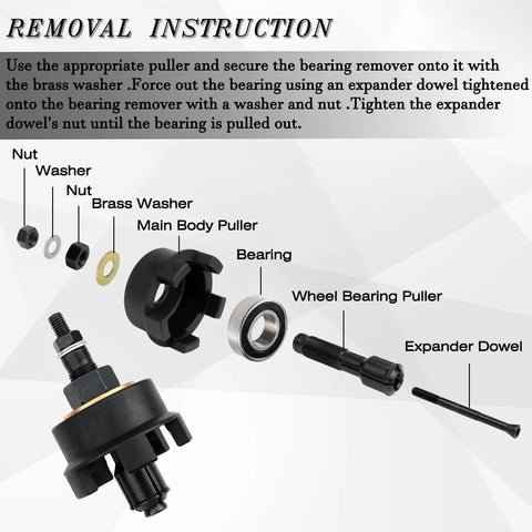 Components of Heavy Duty Wheel Bearing Puller And Press Kit For Harley Davidson Motorcycles including washer, puller, and dowel.
