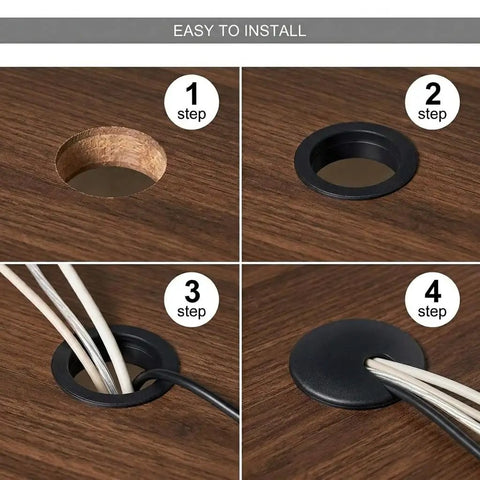 Installation steps for 2 Inch Desk Grommets 50mm Black Cable Management Kit 5 Pack on a wood desk.