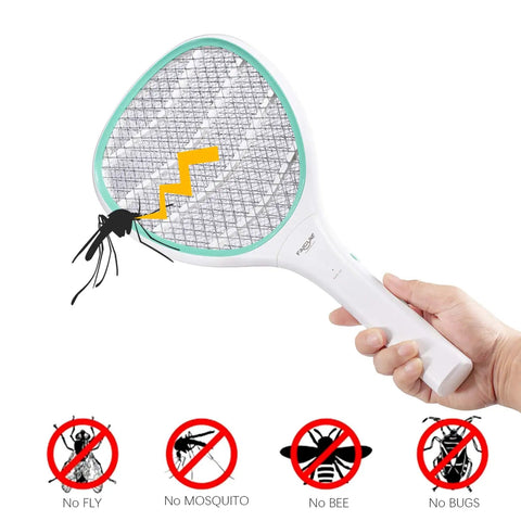Handheld Bug Zapper Racket With 3000 Volt Instant Shock in hand, white with green trim, zapping a mosquito, icons below for no flies, mosquitoes, bees, or bugs