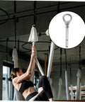 Stainless Steel Eye Bolts Hanger Kit For Heavy Duty Lifting And Hanging Expansion Bolts With Snap Hooks Five Piece Set; woman using aerial hammock with ceiling anchor