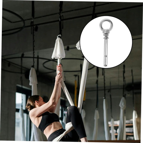 Stainless Steel Eye Bolts Hanger Kit For Heavy Duty Lifting And Hanging Expansion Bolts With Snap Hooks Five Piece Set; woman using aerial hammock with ceiling anchor