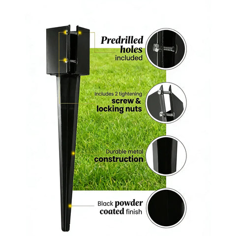 Pack Of Four Heavy Duty Fence Post Anchors Ground Spikes In Black Powder Coat Finish, 24 Inch Length With 4 By 4 Inch Outer Size