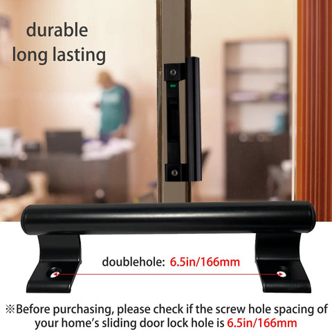 8 Inch Metal Sliding Door Handle Replacement Barn Door Pull For 6.5 Inch Screw Hole Spacing Black Aluminum Alloy Hardware 2 Pack installed on glass door
