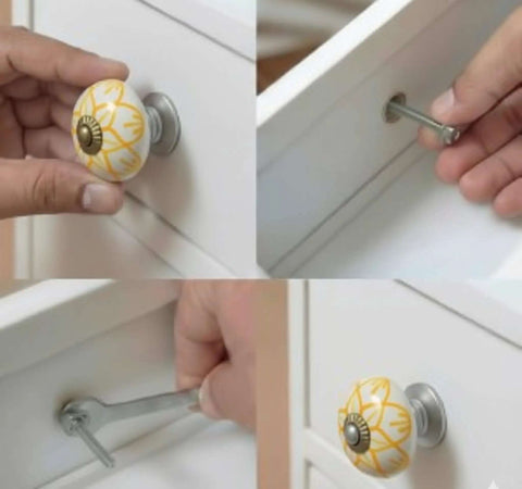 Fresh Yellow Floral Ceramic Knobs Kick Up Your Kitchen And Bedroom Cabinet Game With This Slick Set Of 20 Round Decorative Drawer Pulls Featuring A Glossy Finish For Total Home Refresh Vibes. Installation process of round yellow floral ceramic knob on drawer.