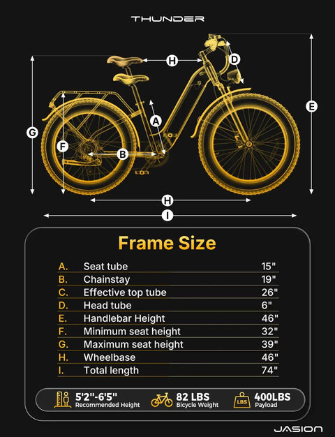 Diagram showing 1800W Peak Fat Tire Electric Bike For Adults With 26x4 Inch Tires and frame size details.