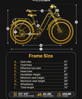 Dimensions and frame size chart for High Torque Electric Fat Bike For Adults With 1800W Peak Power And 864Wh Removable Battery.