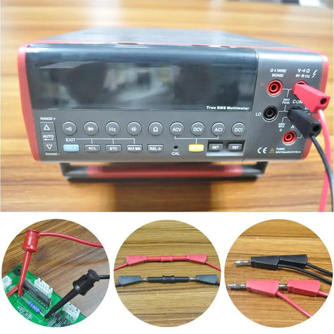 Alligator Clip To Banana Plug Multimeter Lead Set With Mini Hooks, 3 Pairs, Stackable plugged into red true RMS multimeter