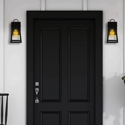 Front door with two 1-Light Outdoor Wall Lamp In Black, Founders Style Exterior Light Fixture For Home on either side