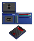 Blue Slim RFID Blocking Leather Card Holder Wallet for Men with 14 Card Capacity Bifold, 2 ID Windows, and cash slot.