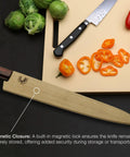 Magnetic Oak Saya Cover For Sujihiki Slicer 270mm Blade on counter with knife and vegetables