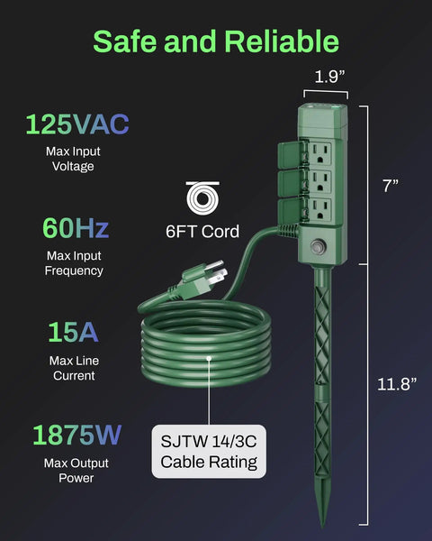 Outdoor Power Stake Timer With Six Outlets, 100 Feet Wireless Remote, 6 ft Cord, Weatherproof Yard Stake Power Strip
