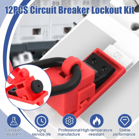 Close-up of 12 Pack Clamp On Circuit Breaker Lockout Device For LOTO Safety, OSHA Compliant, Single Pole Lockout, Red