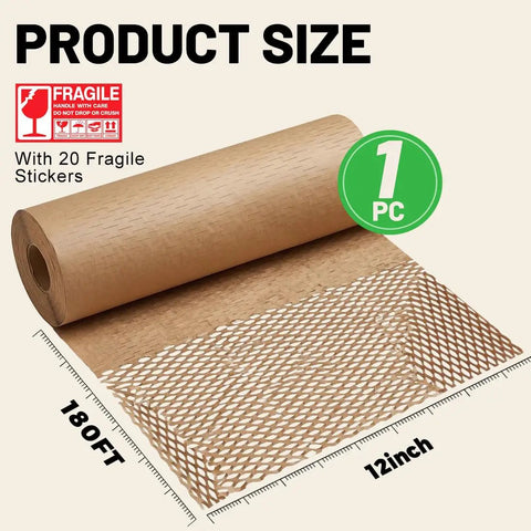 Eco Friendly Honeycomb Packing Paper 12 Inch By 180 Foot Cushioning Wrap For Packing And Moving Ideal Gift Wrapping Recyclable Biodegradable Shipping Materials Includes 20 Fragile Stickers