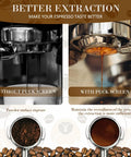 Comparison of espresso extraction with and without Two Pack 53.5mm Espresso Puck Screen With Stand Reusable Coffee Filter