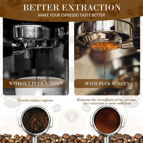 Comparison of espresso extraction with and without Two Pack 53.5mm Espresso Puck Screen With Stand Reusable Coffee Filter