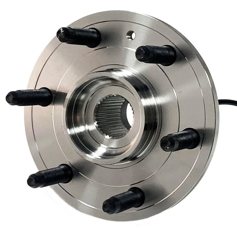 Front Wheel Bearing And Hub Assembly 6 Lug With ABS For 4WD Vehicles Fits Chevy Silverado Suburban Tahoe GMC Sierra 1500 Yukon XL Cadillac Escalade ESV EXT 4x4 Low Runout Noise Free Operation, showing metallic hub with six lugs and ABS sensor wire.