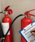 Red Plastic Tamper Seals Pack With Numbered Zip Ties For Fire Extinguishers And Everyday Security tagged on fire extinguisher.