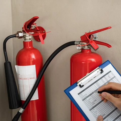 Red Plastic Tamper Seals Pack With Numbered Zip Ties For Fire Extinguishers And Everyday Security tagged on fire extinguisher.