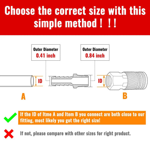 Diagram illustrating size selection for 3/8 Inch Hose Barb To 1/2 Inch NPT Brass Air Hose Fittings Kit Dual Pack, showing diameter measurements.