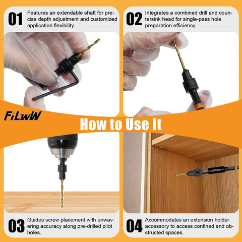 12 Piece Countersink Drill Bit Set With Adjustable Countersink And Pilot Hole Bits, Magnetic Extension Bit Holder, Sizes 4-12
