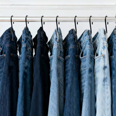 Jeans hanging on a chrome rod with S hooks, 18 Pack 4 Inch Heavy Duty S Hooks For Oval Ceiling Pot Rack And Kitchen Organization Durable Hangers For Pans Pots Utensils Spoons Towels Bags Clothes Plants Black